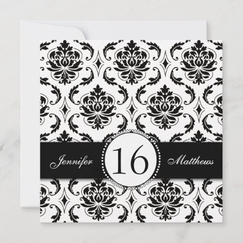 Black and White Damask Sweet Sixteen Invitations