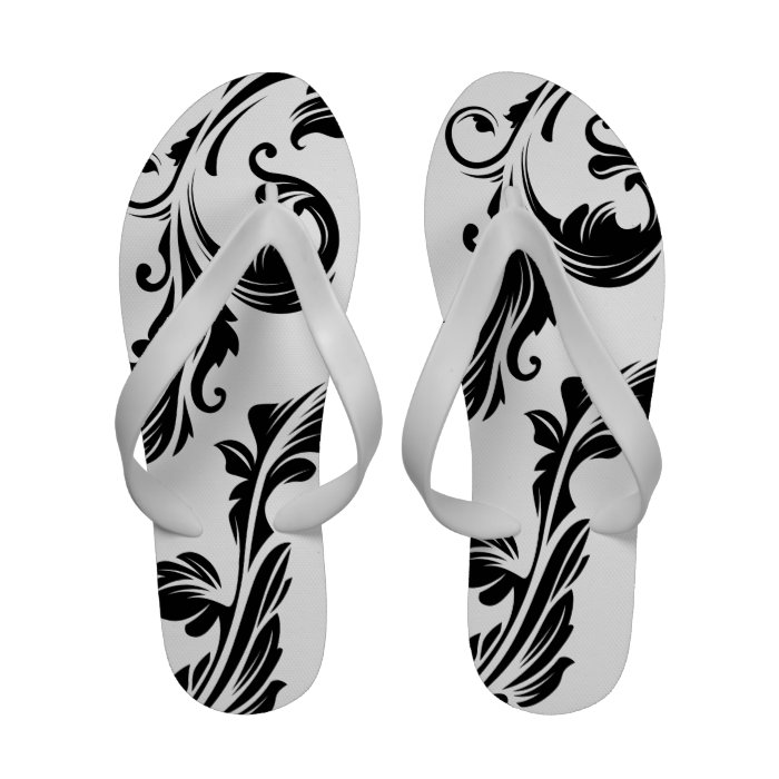 Black and White Damask Swirls Elegant Beach Party Flip Flops