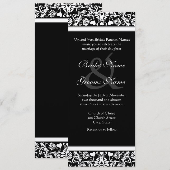 Black and White Damask Swirls Wedding Invitation (Front/Back)