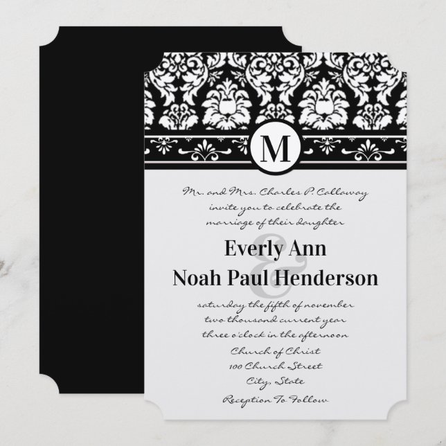 Black and White Damask Swirls Wedding Invitation (Front/Back)