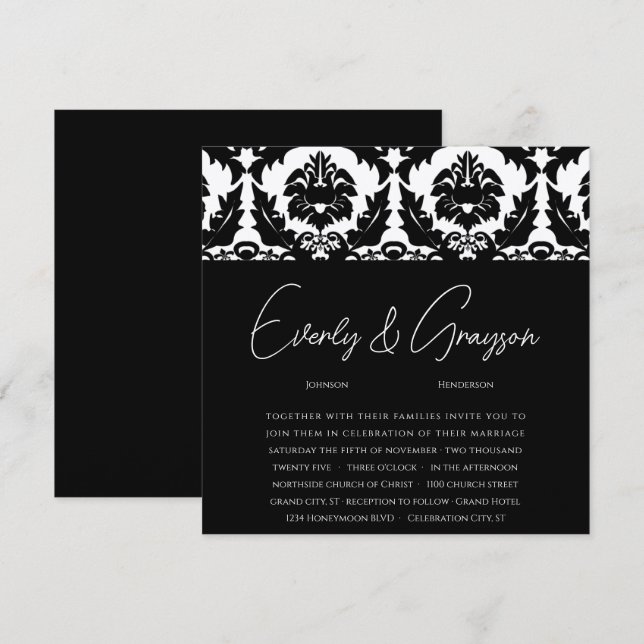 Black and White Damask Swirls Wedding Invitation (Front/Back)