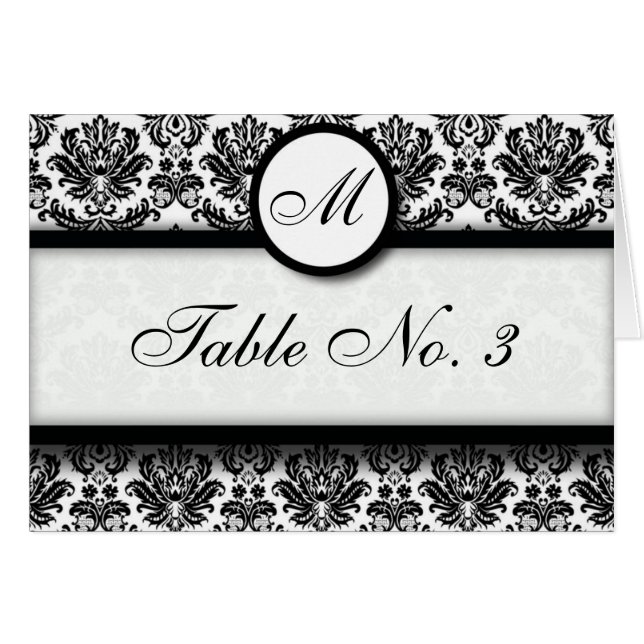 Black and White Damask Table Seating Card (Front Horizontal)