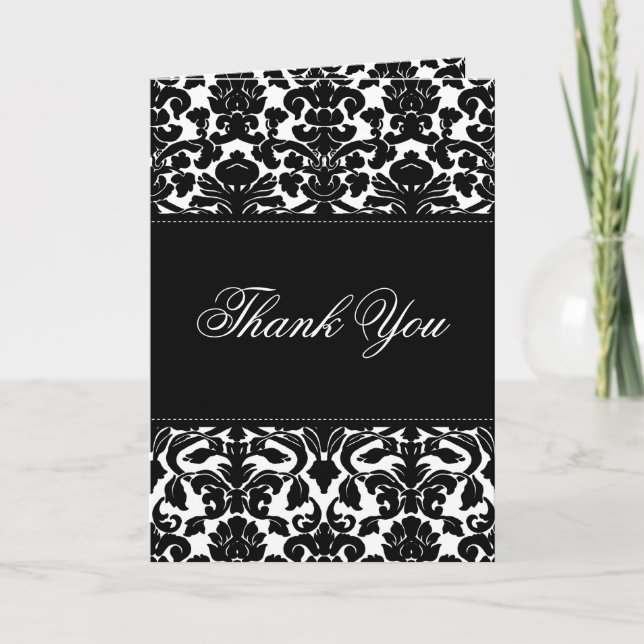 Black and White Damask Thank You Card (Front)