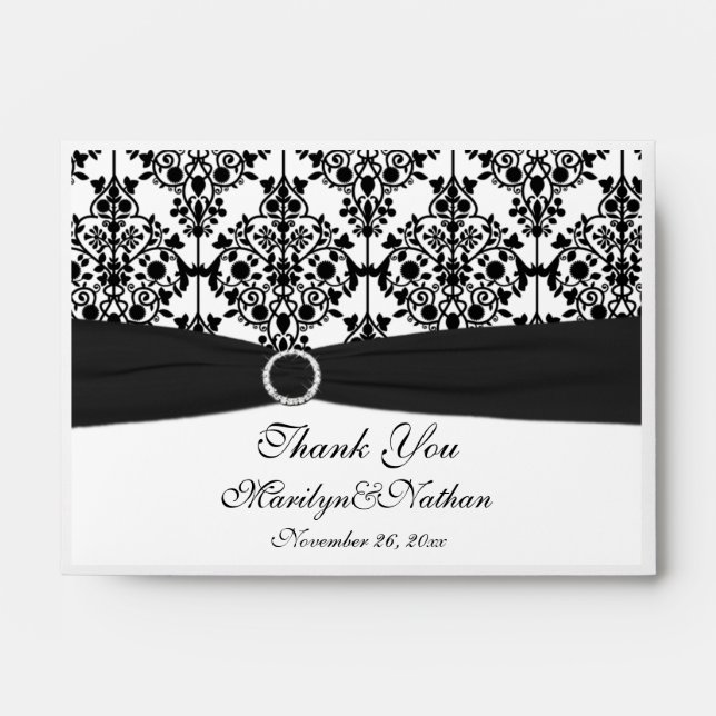 Black and White Damask Thank You Pouch Envelope (Front)