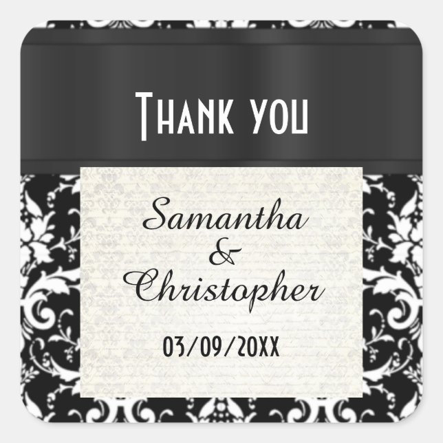 Black and white damask thank you square sticker (Front)
