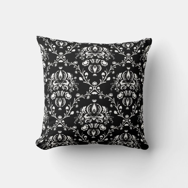 Black and White Damask Throw Pillow (Front)