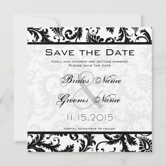 Black and White Damask Victorian  Wedding Save The Date (Front)