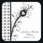 Black and White Damask Wedding Announcement Square Sticker<br><div class="desc">Elegant black and white damask wedding announcement stickers with a filigree peacock feather embellished with a unique heart shaped peacock eye. Personalize the customizable text by adding the names of the bride and groom and the wedding date.</div>