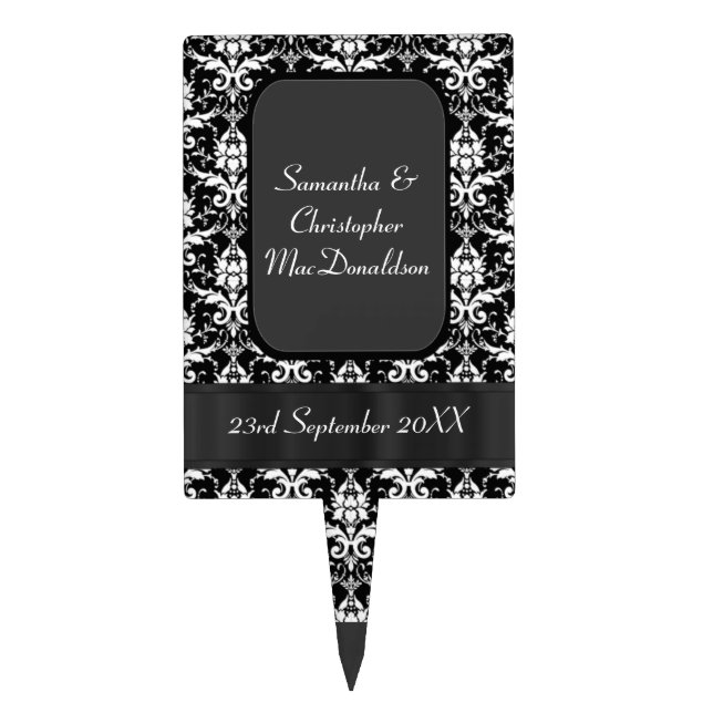 Black and white damask wedding cake topper (Front)
