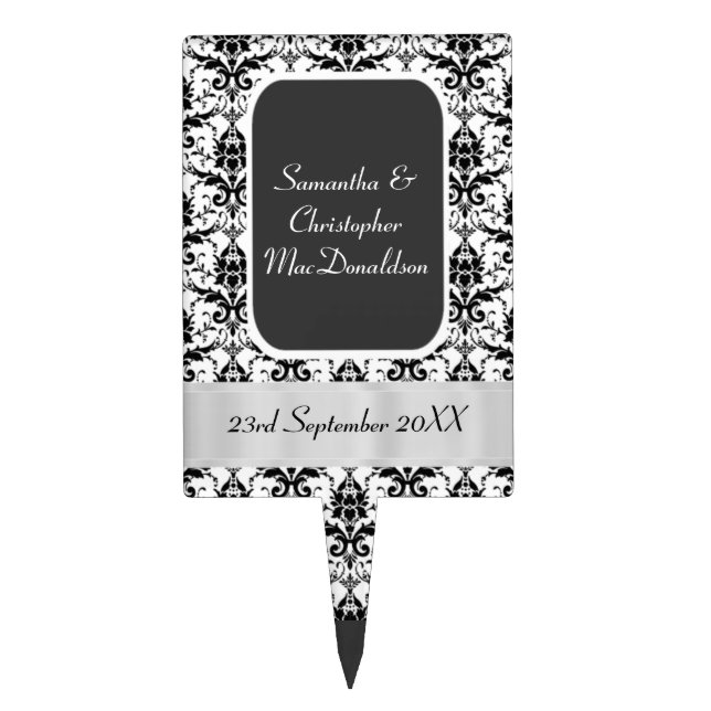 Black and white damask wedding cake topper (Front)