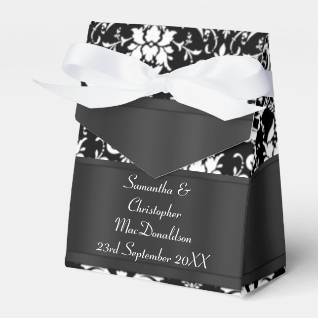 Black and white damask wedding favor boxes (Front Side)