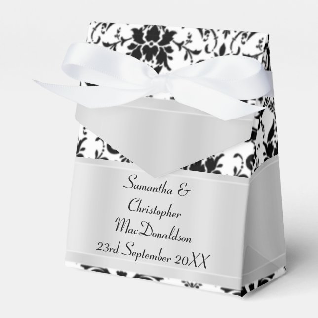 Black and white damask wedding favor boxes (Front Side)