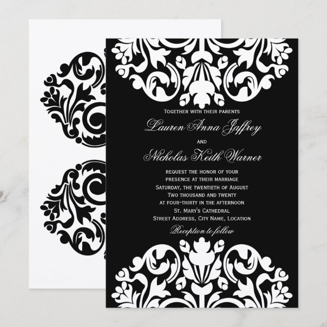 Black and White Damask Wedding Invitations (Front/Back)