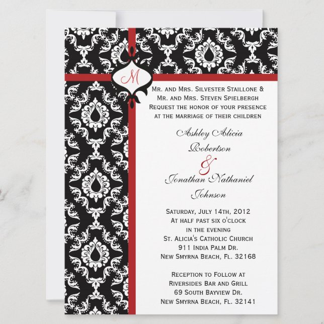 Black and white Damask wedding invite (Front)