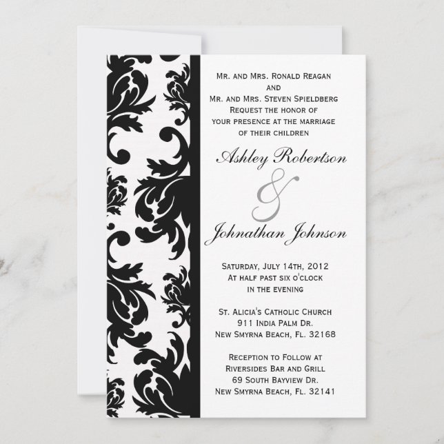 Black and White Damask wedding invite (Front)