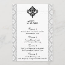"black and white" damask wedding menu