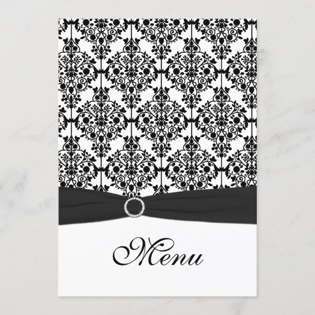 Black and White Damask Wedding Menu Card (Front)