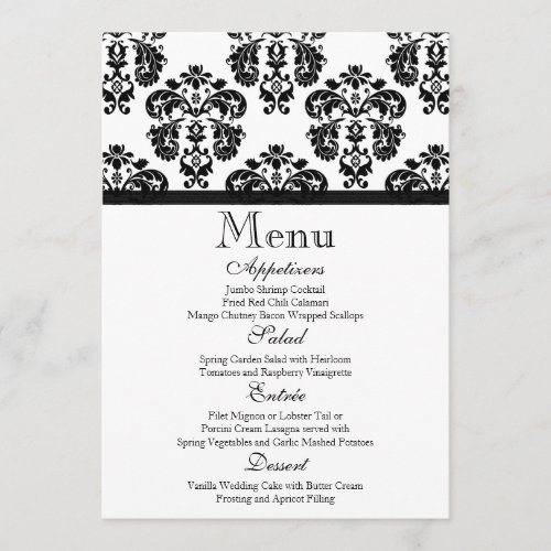 Black and White Damask Wedding Menu Card