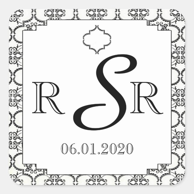 Black and White Damask Wedding Monogram Square Sticker (Front)