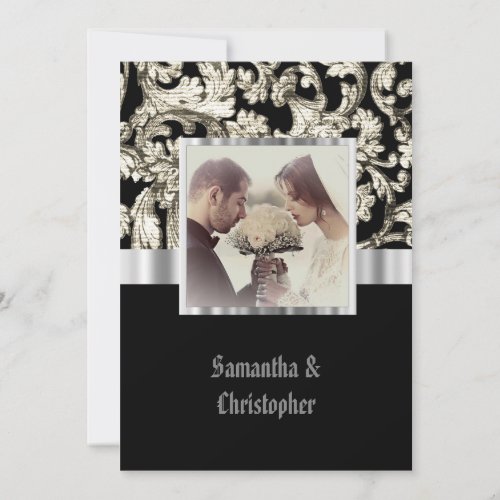 Black and white damask wedding photo invitation