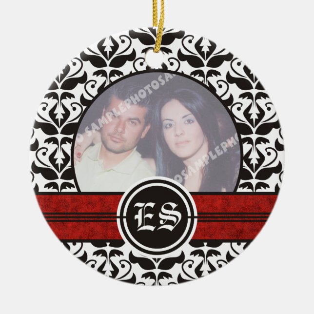Black and white damask wedding photo ornament (Front)