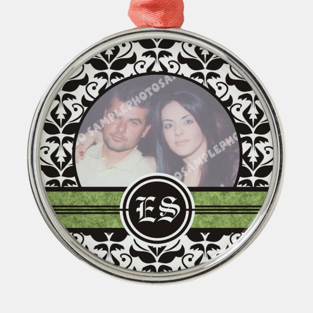 Black and white damask wedding photo ornament (Front)