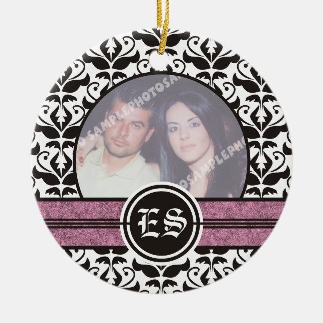 Black and white damask wedding photo ornament (Front)
