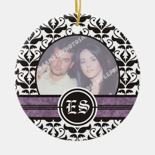 Black and white damask wedding photo ornament