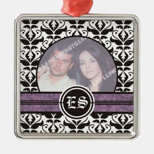 Black and white damask wedding photo ornament