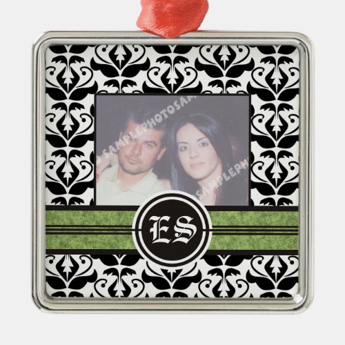 Black and white damask wedding photo ornament