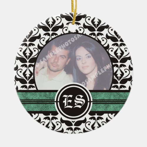 Black and white damask wedding photo ornament