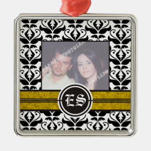 Black and white damask wedding photo ornament
