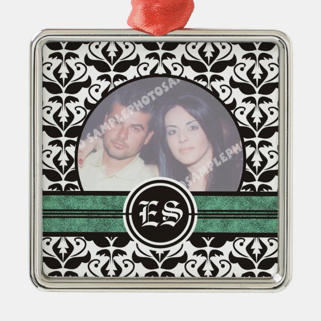 Black and white damask wedding photo ornament (Front)