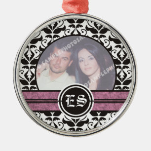 Black and white damask wedding photo ornament