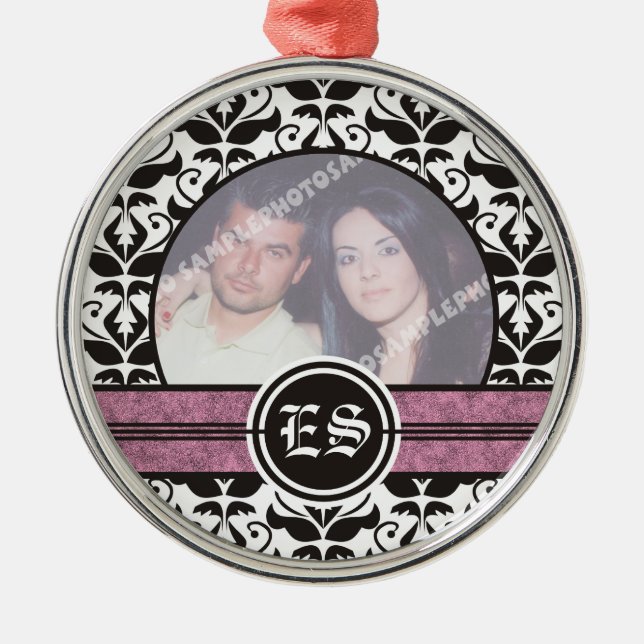 Black and white damask wedding photo ornament (Front)