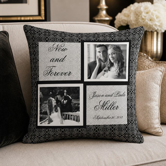 Black and White Damask Wedding Photo Throw Pillow (Black and White Damask Wedding Photo Throw Pillow)