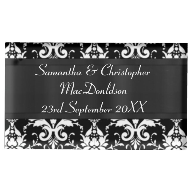Black and white damask wedding place card holder (Front)
