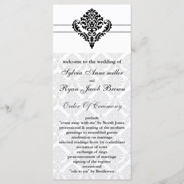 black and white damask Wedding program (Front)