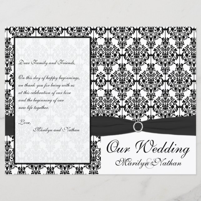 Black and White Damask Wedding Program (Front)