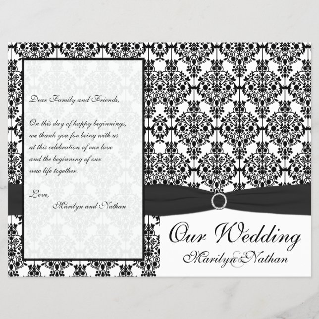 Black and White Damask Wedding Program (Front)