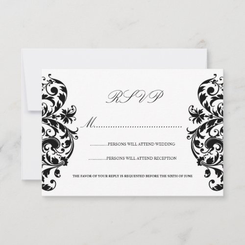 Black and White Damask Wedding RSVP Cards