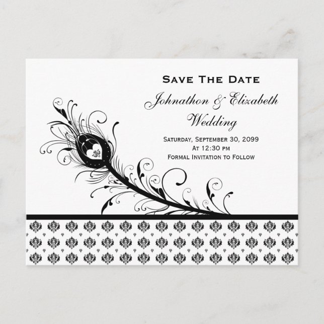 Black and White Damask Wedding Save The Date Announcement Postcard (Front)
