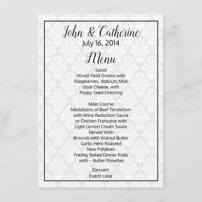 Black and White Damask Wedding Table Menu (Front)