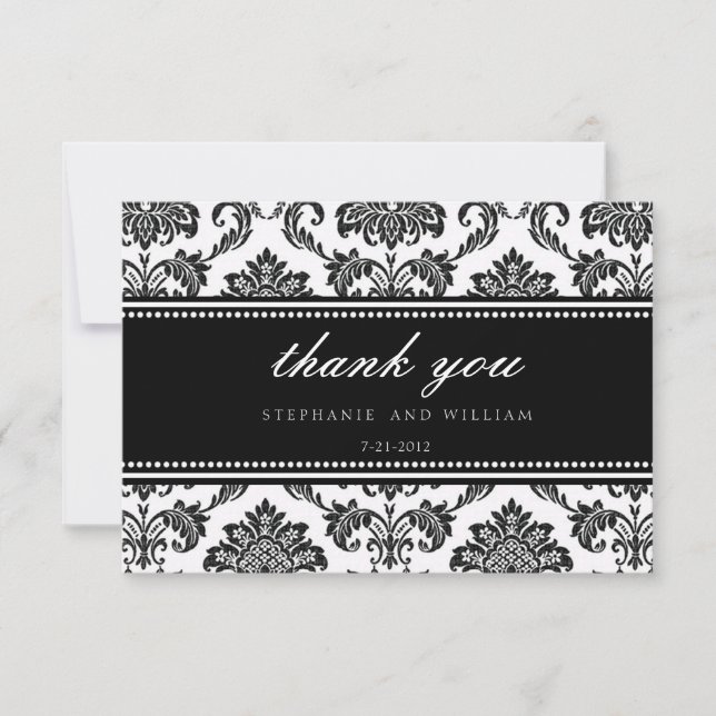 Black and White Damask Wedding Thank You Card (Front)