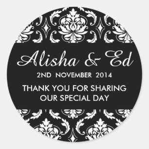Black and White Damask Wedding Thank You Label