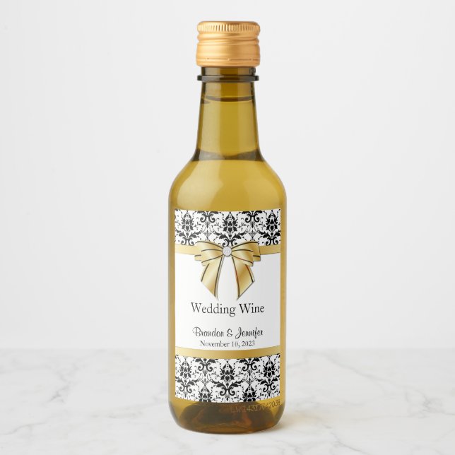 Black and White Damask Wedding  Wine Label (Front)