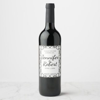 Black and White Damask Wedding Wine Label