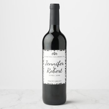 Black And White Damask Wedding Wine Label by NoteableExpressions at Zazzle