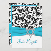 Black and White Damask with Aqua FAUX Ribbon Invitation (Front/Back)