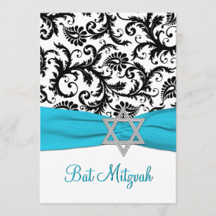 Black and White Damask with Aqua FAUX Ribbon Invitation